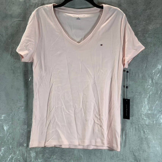 TOMMY HILFIGER Women's Ballerina Pink V-Neck Short Sleeve Flag Logo T-Shirt SZ L