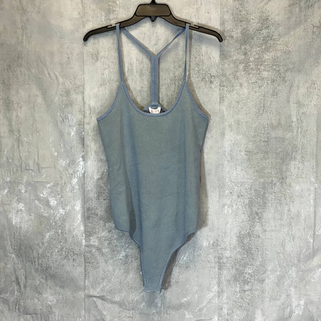 WAYF '98 Women's Plus Size Oasis Blue Deep Scoop Neck T-Strap Bodysuit SZ 1X