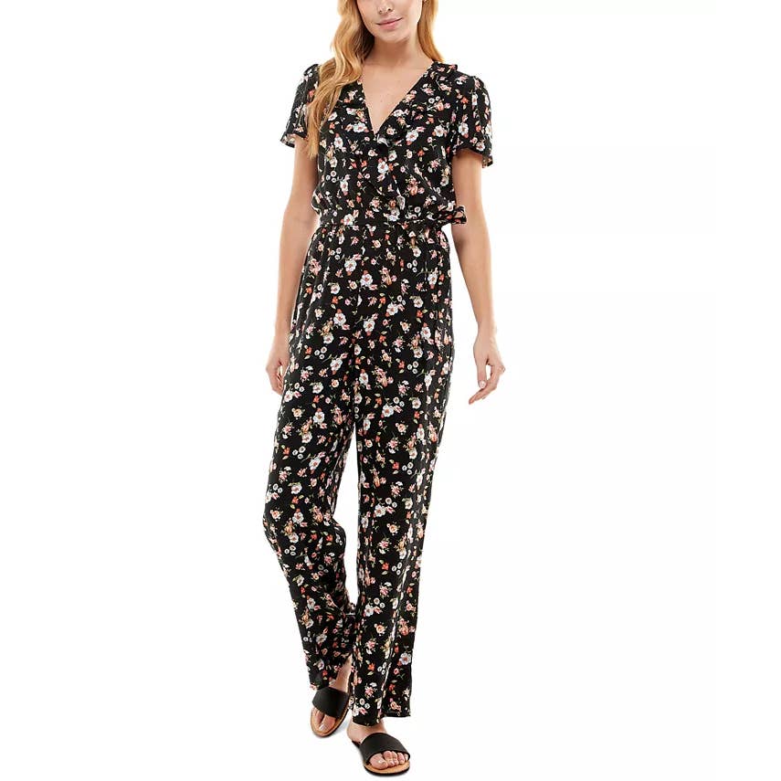 KINGSTON GREY Juniors' Black Floral Ruffle V-Neck Tie-Waist Pant Jumpsuit SZ S