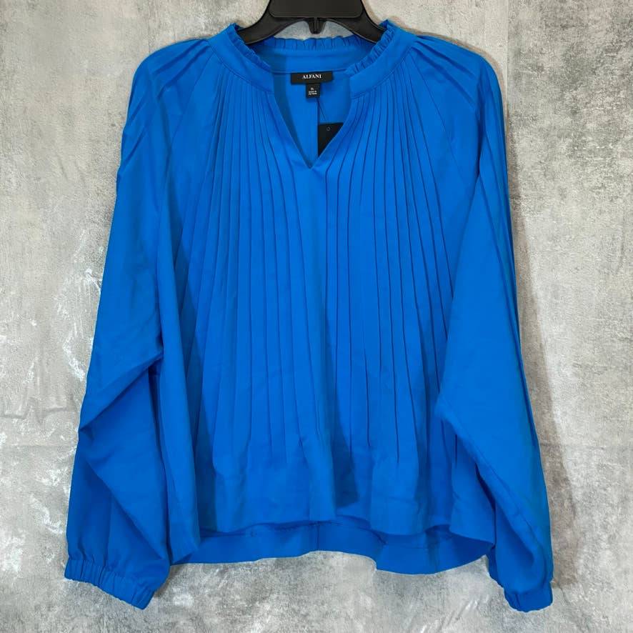 ALFANI Women's Vivid Sky Ruffled Mandarin Collar V-Neck Pleated Long Sleeve Top SZ XL