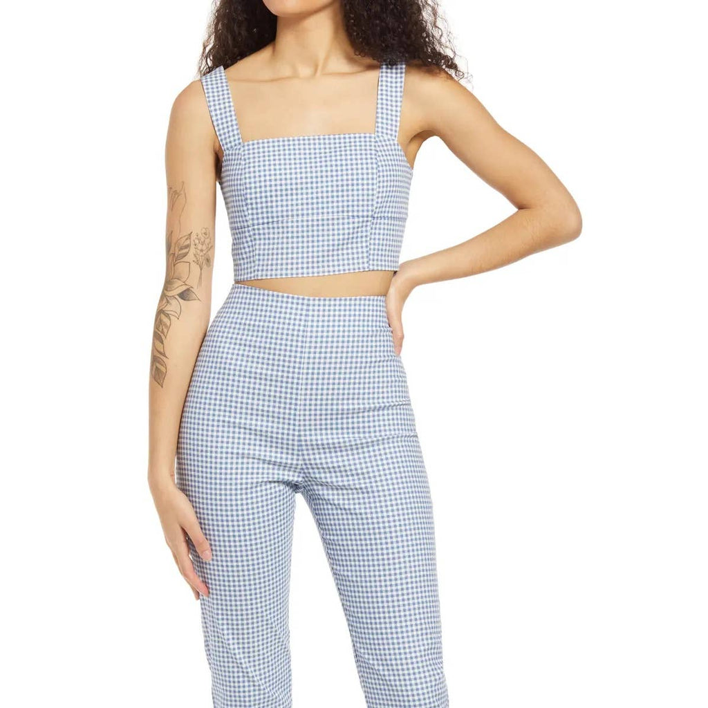 LULUS Women's Blue Gingham Follow The Sun Lightweight Sleeveless Crop Top SZ XL