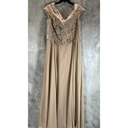 XSCAPE Women's Taupe Beaded Bodice Sweetheart Off-the-Shoulder Chiffon Gown SZ16