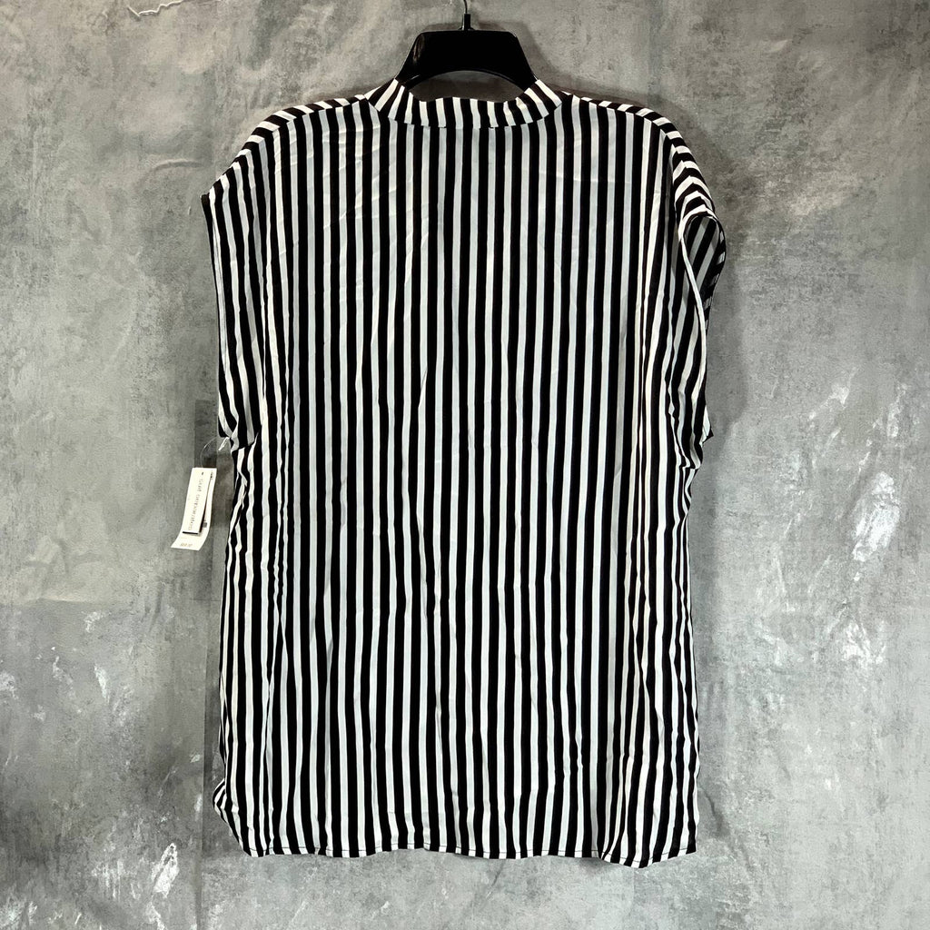 BAR III Women's Plus Size Black/Lily Striped Tie-Neck Hi-Low Top SZ 1X