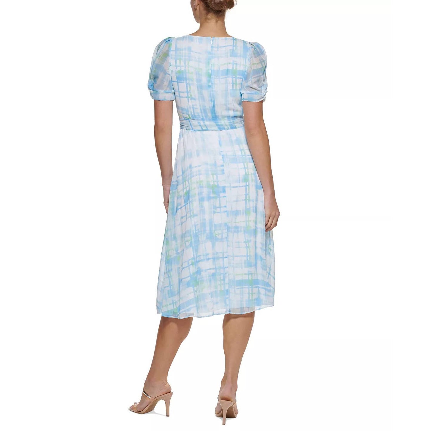 DKNY Women's Light Blue Plaid Faux-Wrap Puff Mesh-Sleeve Midi Dress SZ 8