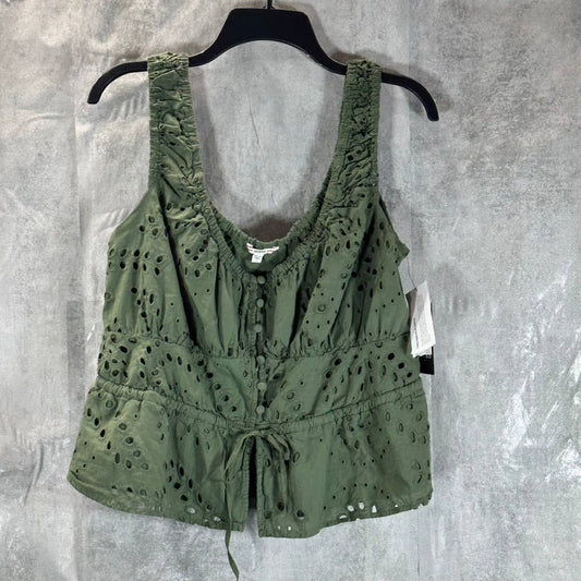 GUESS Women's Lichen Leaf Green Multi Larisen Cotton Eyelet Peplum Top SZ L