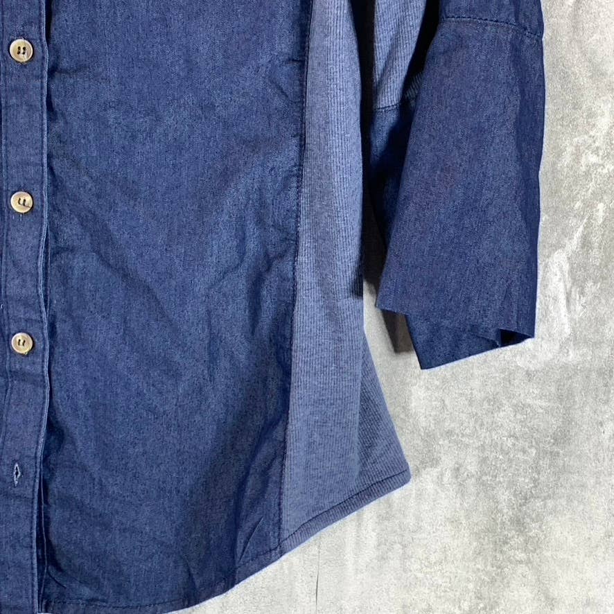 NY COLLECTION Women's Dark Denim 3/4 Roll-Tab Sleeve Button-Up Top SZ M