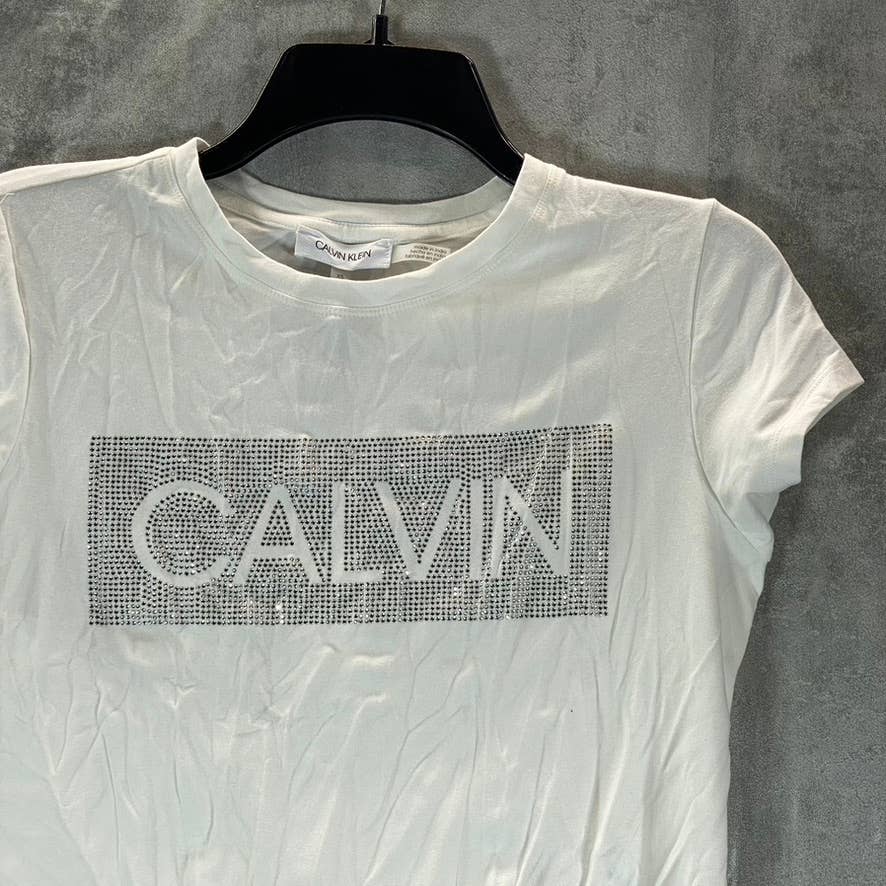 CALVIN KLEIN Women's White Logo Embellished Crewneck Short Sleeve T-Shirt SZ XS