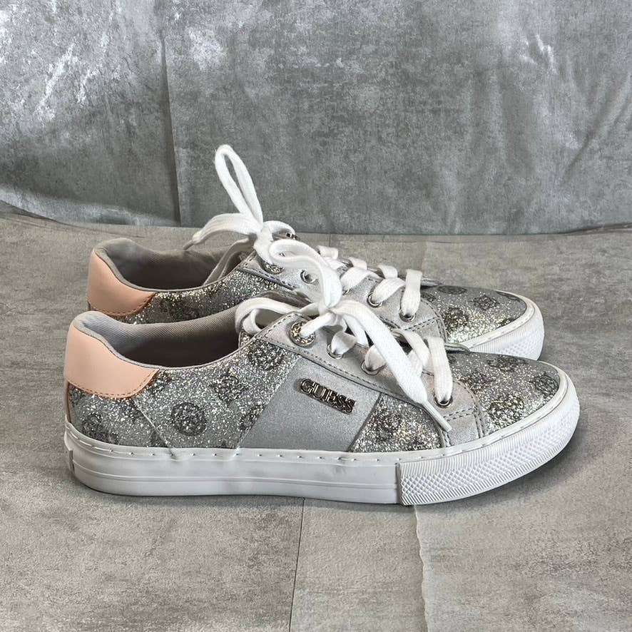 GUESS Women's Silver Glitter-Blush Loven Round-Toe Casual Lace-Up Sneakers SZ6.5