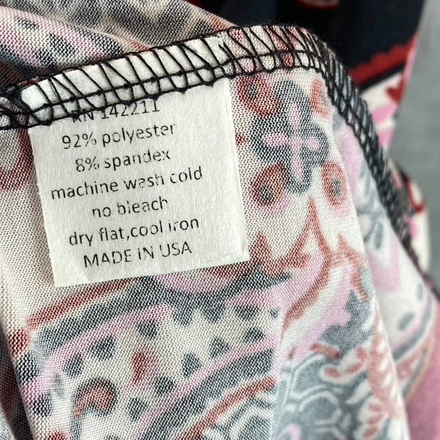 24SEVEN Comfort Apparel Women's Burgundy Printed Faux-Wrap 3/4 Sleeve Dress SZ M