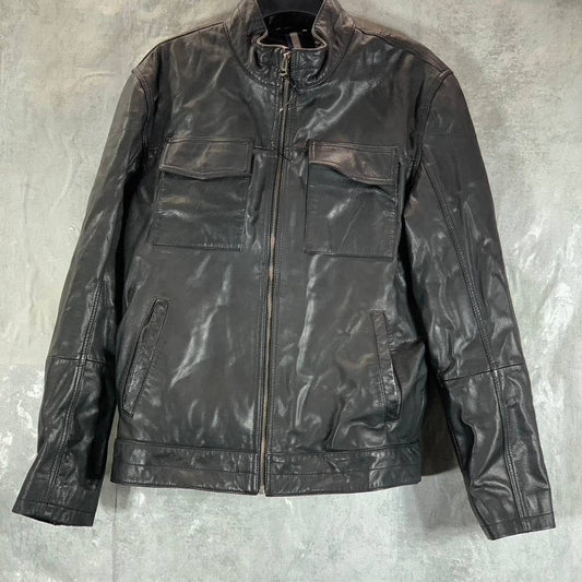 COLE HAAN Men's Solid Black Leather Mock-Collar Full-Zip Trucker Jacket SZ S
