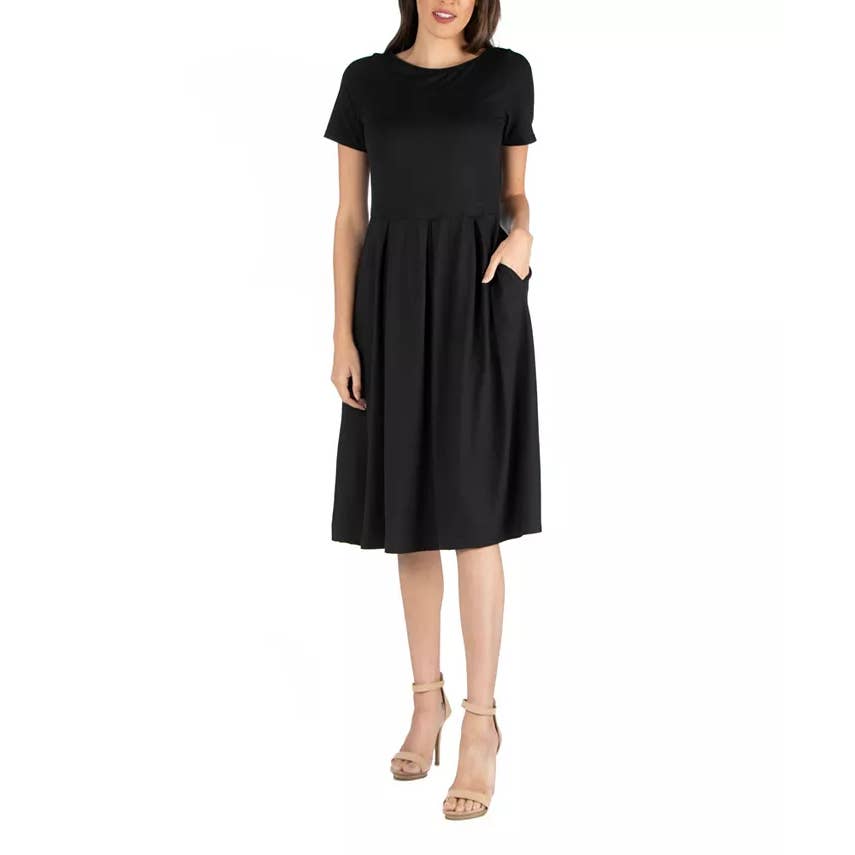 24SEVEN COMFORT APPAREL Women's Black Short Sleeve Pocket Detail Midi Dress SZ M