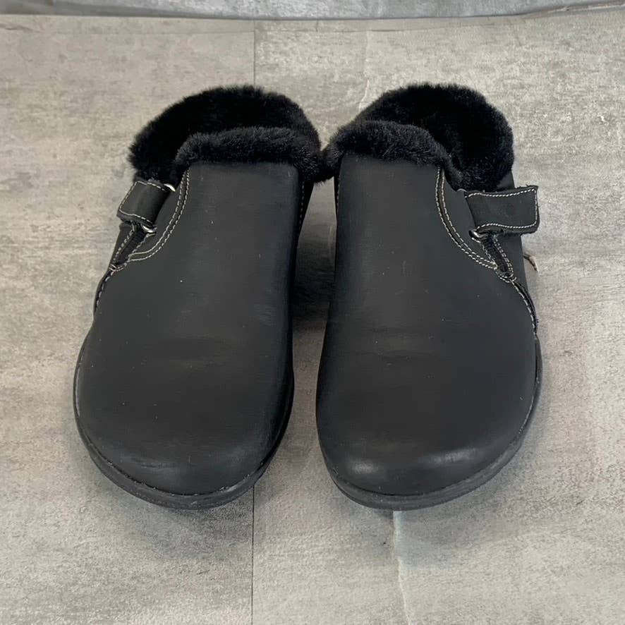 CLARKS COLLECTION Women's Black Leather Roseville Faux-Fur Slip-On Clogs SZ 6.5