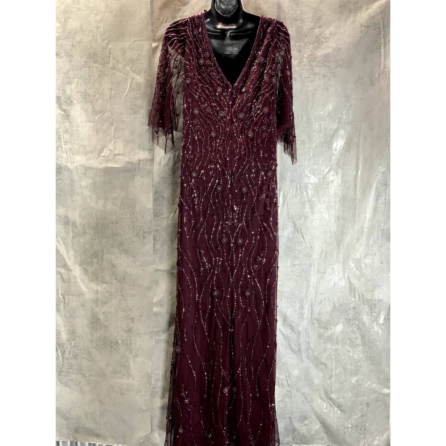 JKARA Women's Wine Beaded Embellished V-Neck Mesh Flutter-Sleeve Gown SZ 12