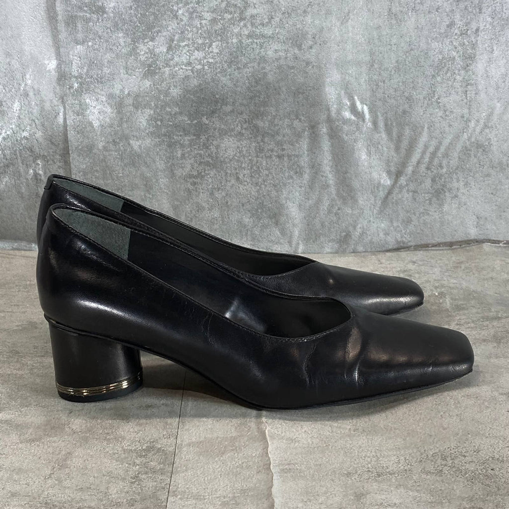 FRANCO SARTO Women's Black Leather Pisa Square-Toe Round-Heel Pumps SZ 9.5