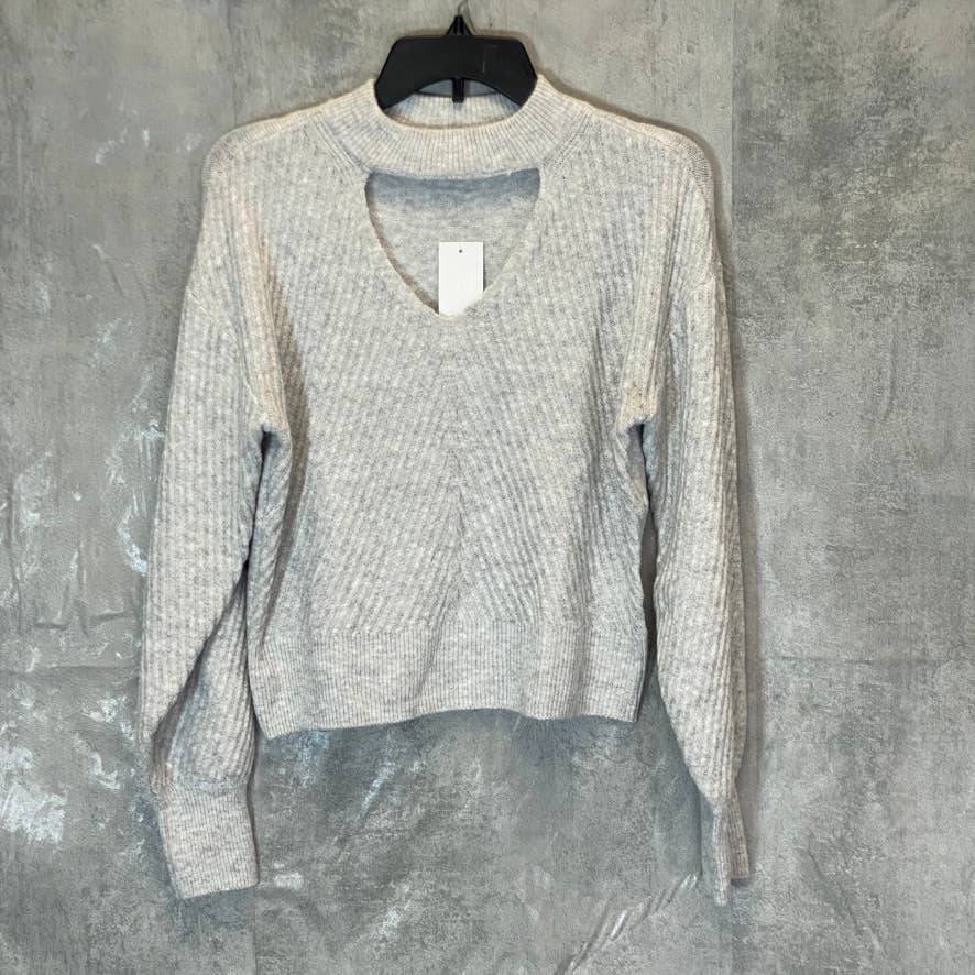 HOOKED UP Women's Grey Melange V-Neck Cutout Ribbed Soft Pullover Sweater SZ S