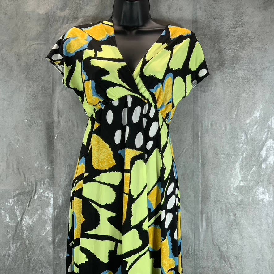24SEVEN Comfort Apparel Women's Green Print Butterfly V-Neck Cap Sleeve Dress