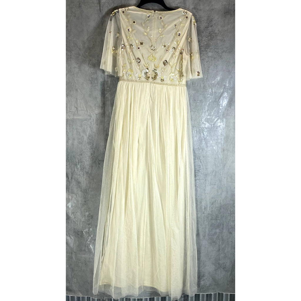 ADRIANNA PAPELL Women's Sandshell Beaded Mesh Short Elbow Sleeve Tulle Gown SZ6