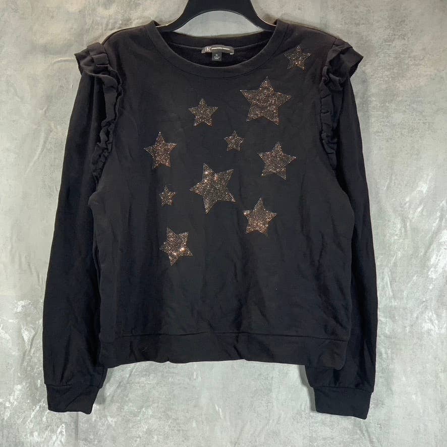 INC Women's Black Rhinestone Star Embellished Ruffle Long Sleeve Sweatshirt SZXL