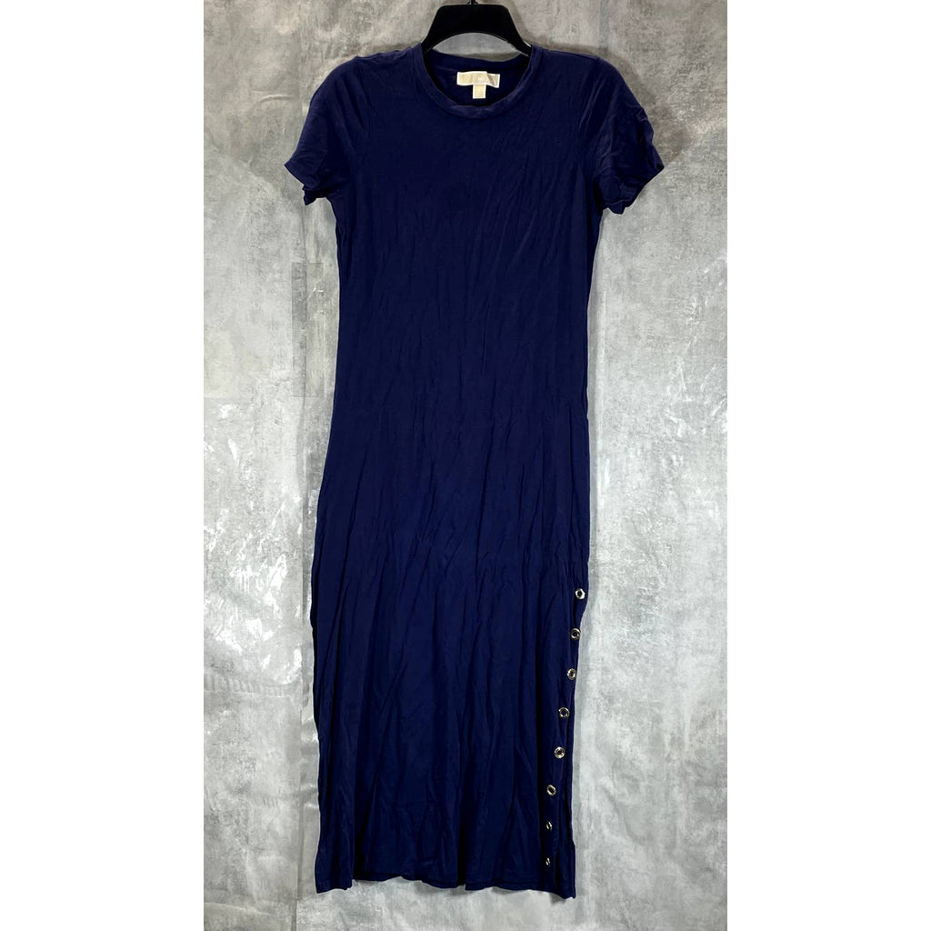 MICHAEL MICHAEL KORS Women's True Navy Crewneck Grommet-Trim Slit Maxi Gown SZ S