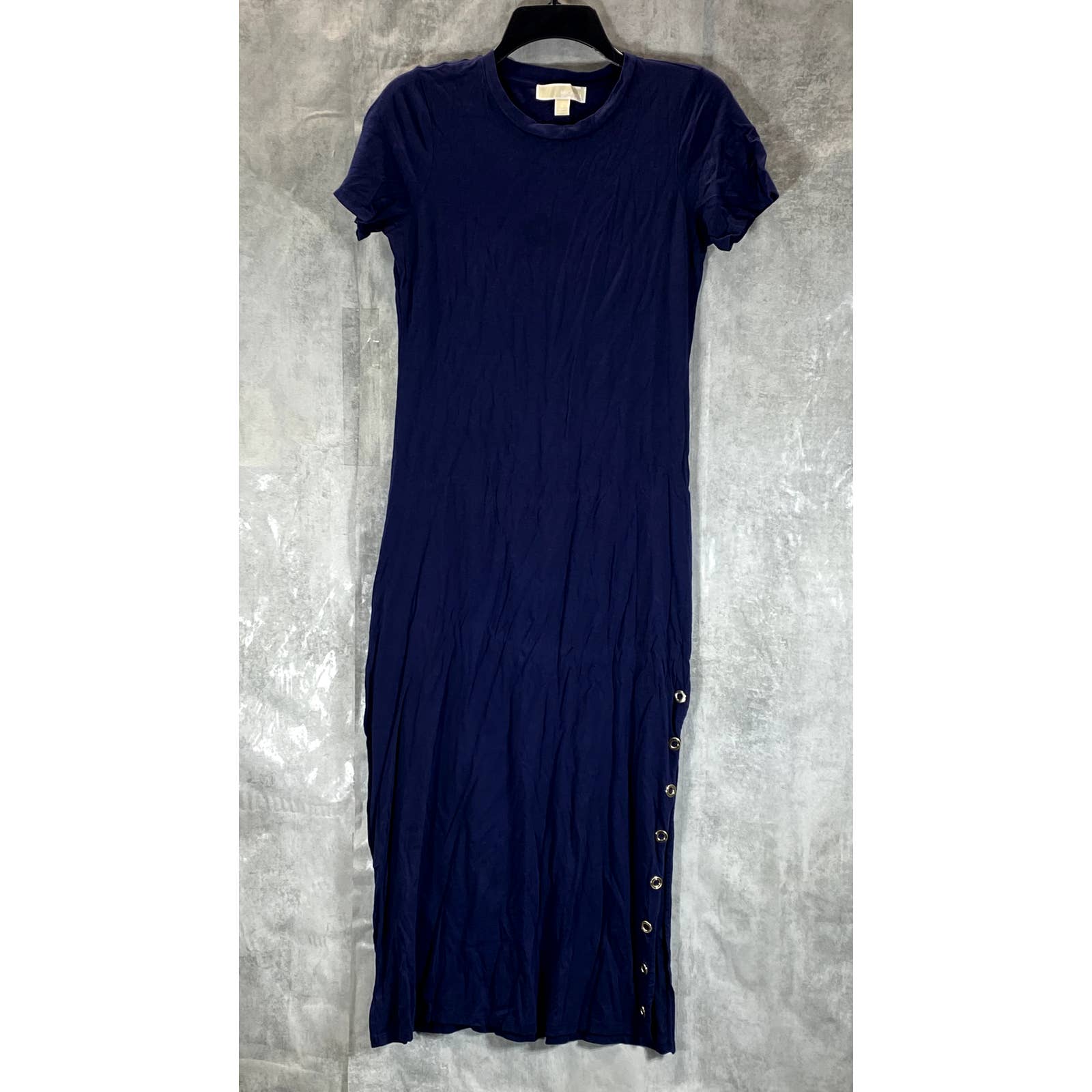 MICHAEL MICHAEL KORS Women's True Navy Crewneck Grommet-Trim Slit Maxi Gown SZ S