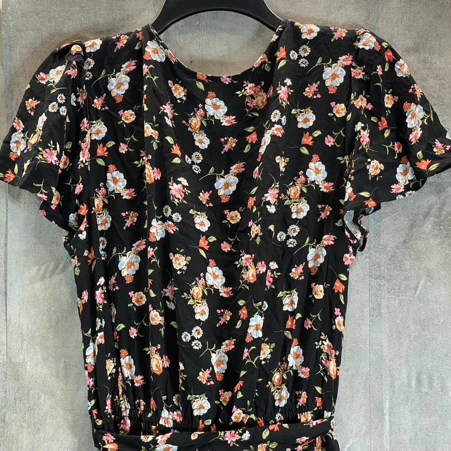 KINGSTON GREY Juniors' Black Floral Ruffle V-Neck Tie-Waist Pant Jumpsuit SZ S
