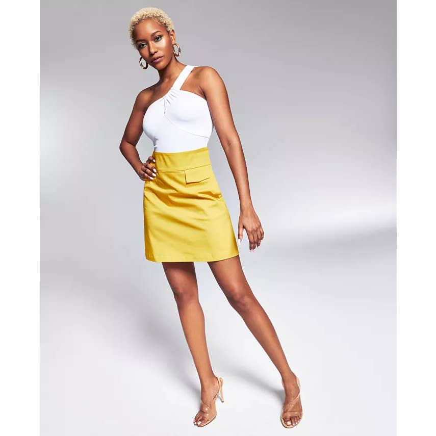 INC X ADE SAMUEL Women's Fresh Lemon Flap-Pocket Elastic Waist Sateen Skirt SZ L