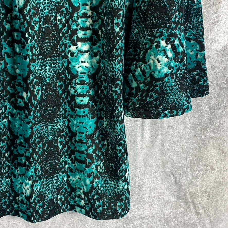 NY COLLECTION Women's Teal Plaid 3/4 Bell Sleeve Y-Neck Pleated Top SZ L