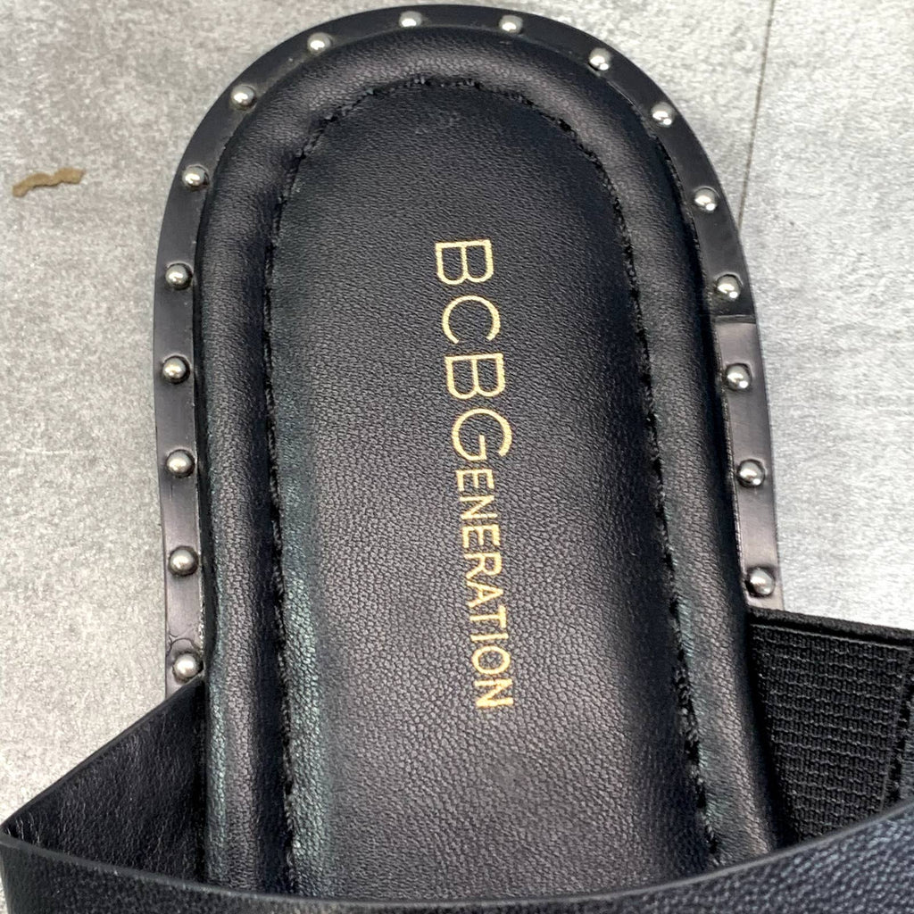 BCBGENERATION Women's Black Faux-Leather Zinda Studded Slide Sandals SZ 7.5
