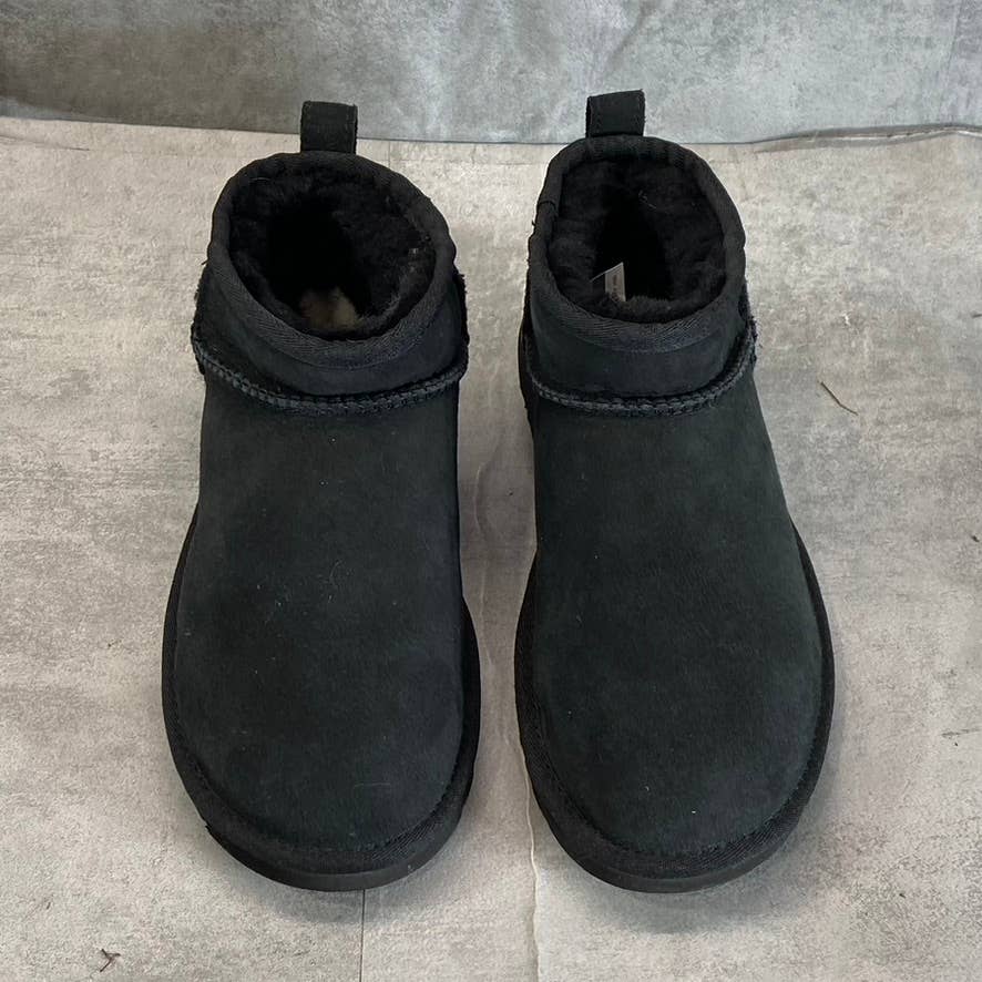 UGG Women's Black Suede/Fur Classic Ultra Mini Round-Toe Slip-On Booties SZ 7