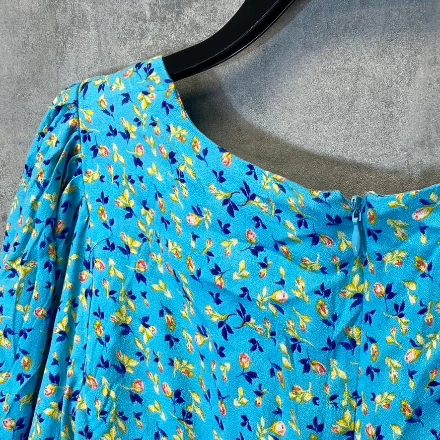 AFRM Women's Bright Blue Floral Print Soni Ruched Balloon Sleeve Crop Top SZ S