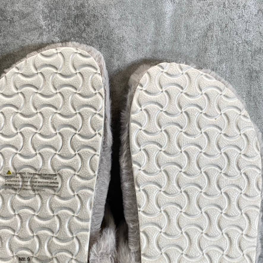 OLIVIA MILLER Women's Gray Faux-Fur Chloe T-Strap Thong Slip-On Slippers SZ 9