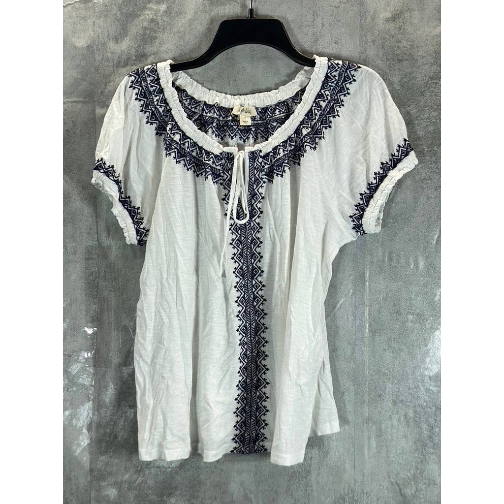 STYLE & CO Women's Bright White Embroidered-Trim Tie-Neck Short Sleeve Top SZ S
