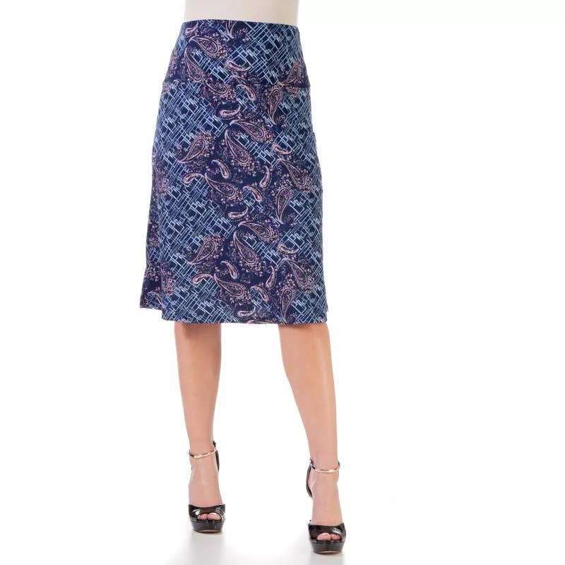 24SEVEN COMFORT APPAREL Women's Blue Printed Elastic Waist Knee-Length Skirt SZS