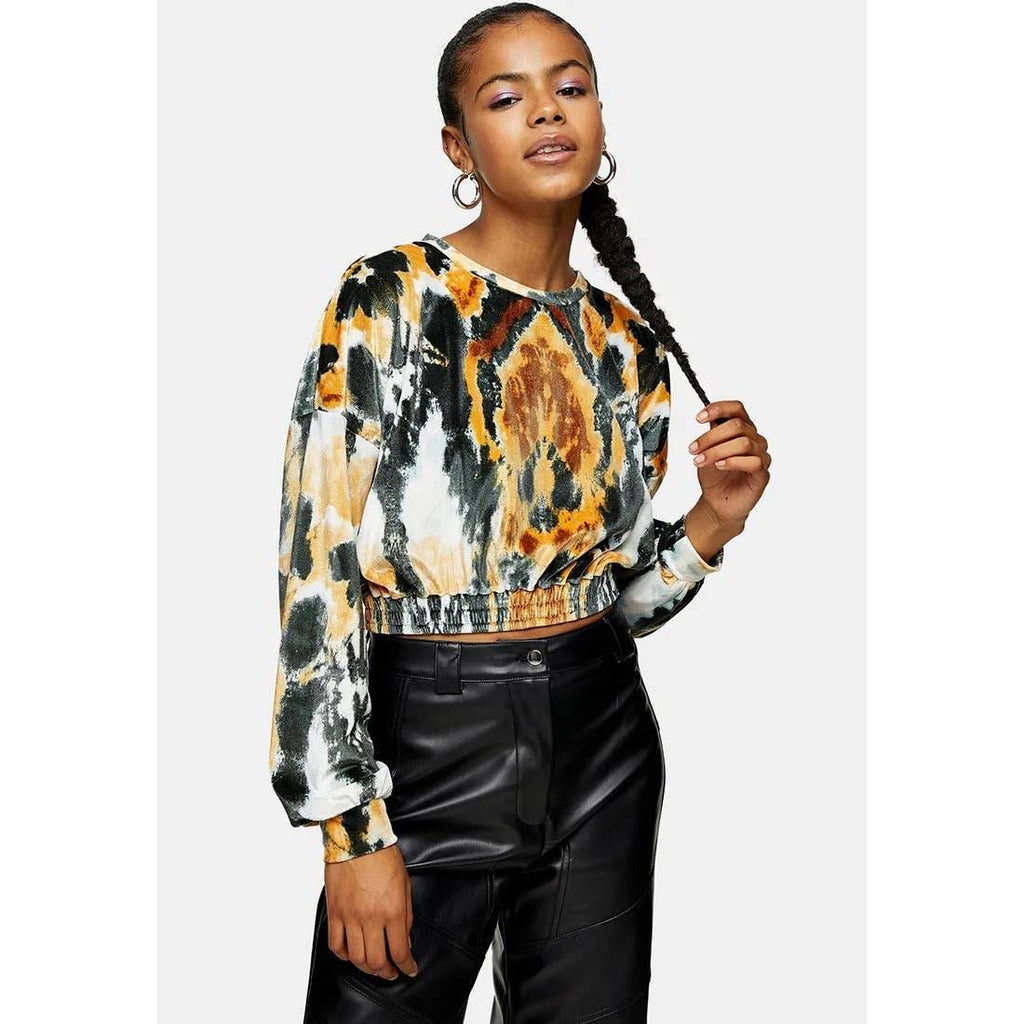 TOPSHOP Orange Tie Dye Long Sleeve Velour Crop Sweatshirt Stretch Top SZ 2