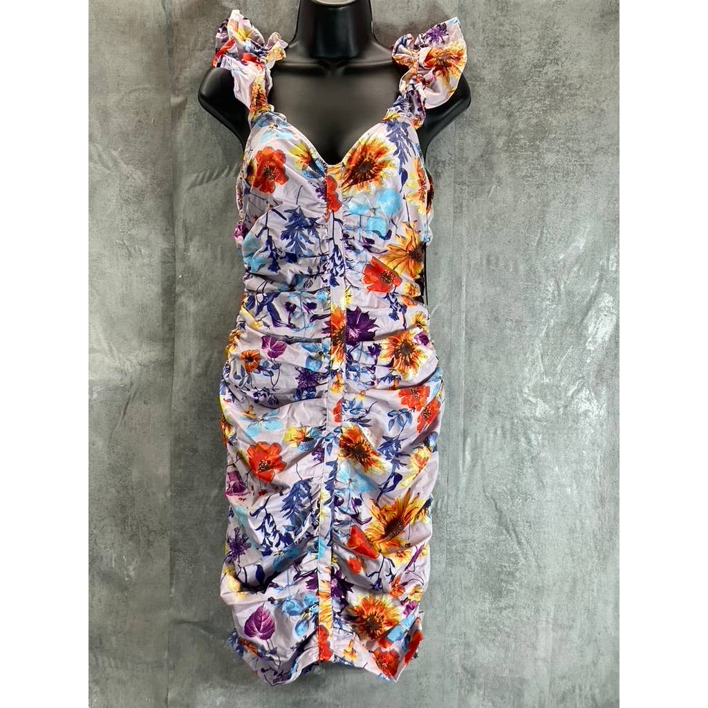 GUESS Women's Lilac Multi Floral V-Neck Ruched Bodycon Mini Sheath Dress SZ 2