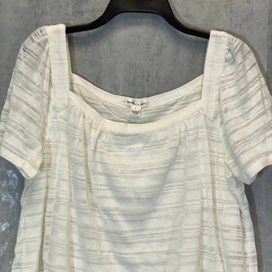 JOHN PAUL RICHARD Women's Eggshell Striped Square Neck Short Sleeve Top SZ L