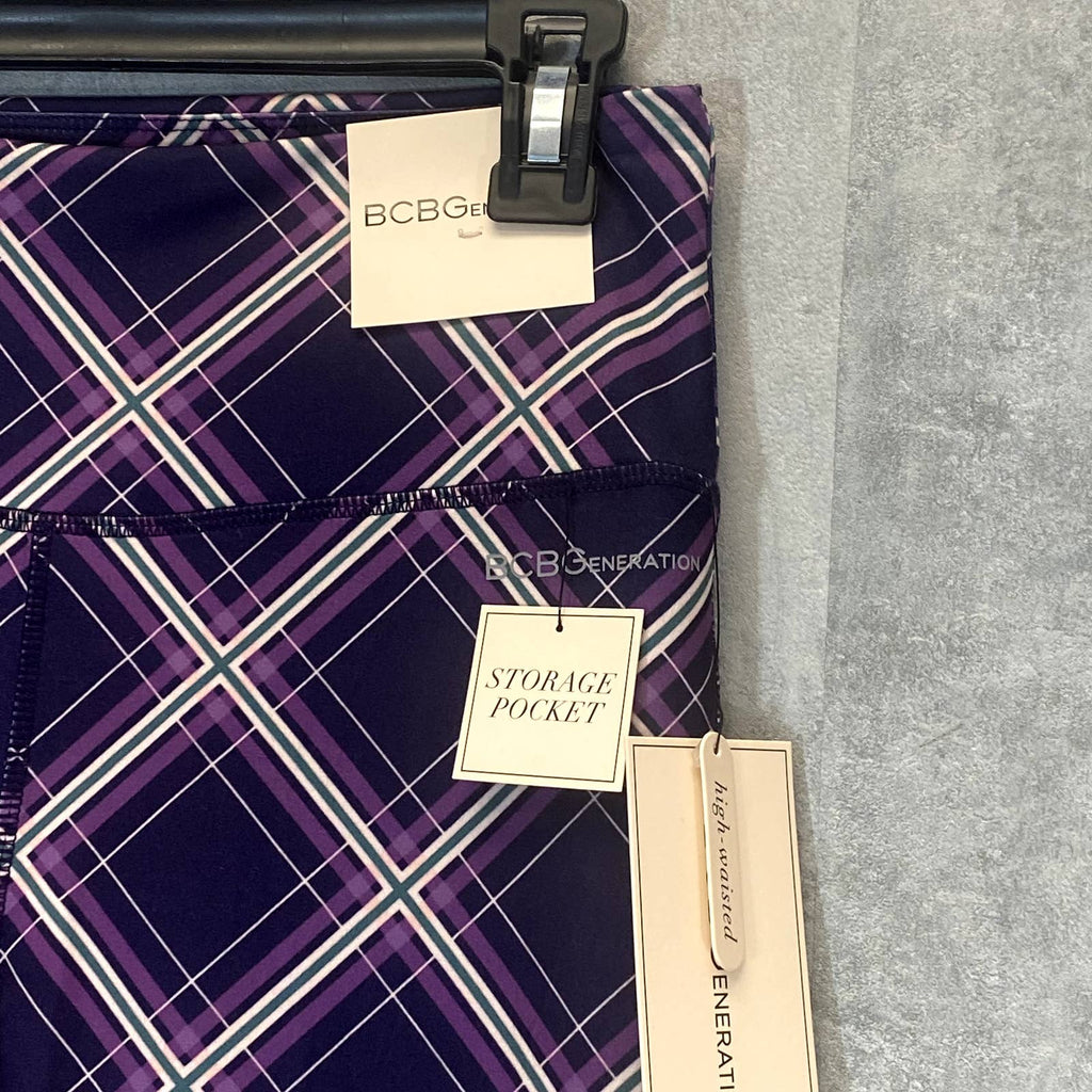 BCBGENERATION Women's Black-Purple Plaid High-Rise Pull-On Stretch Crop Leggings SZ M