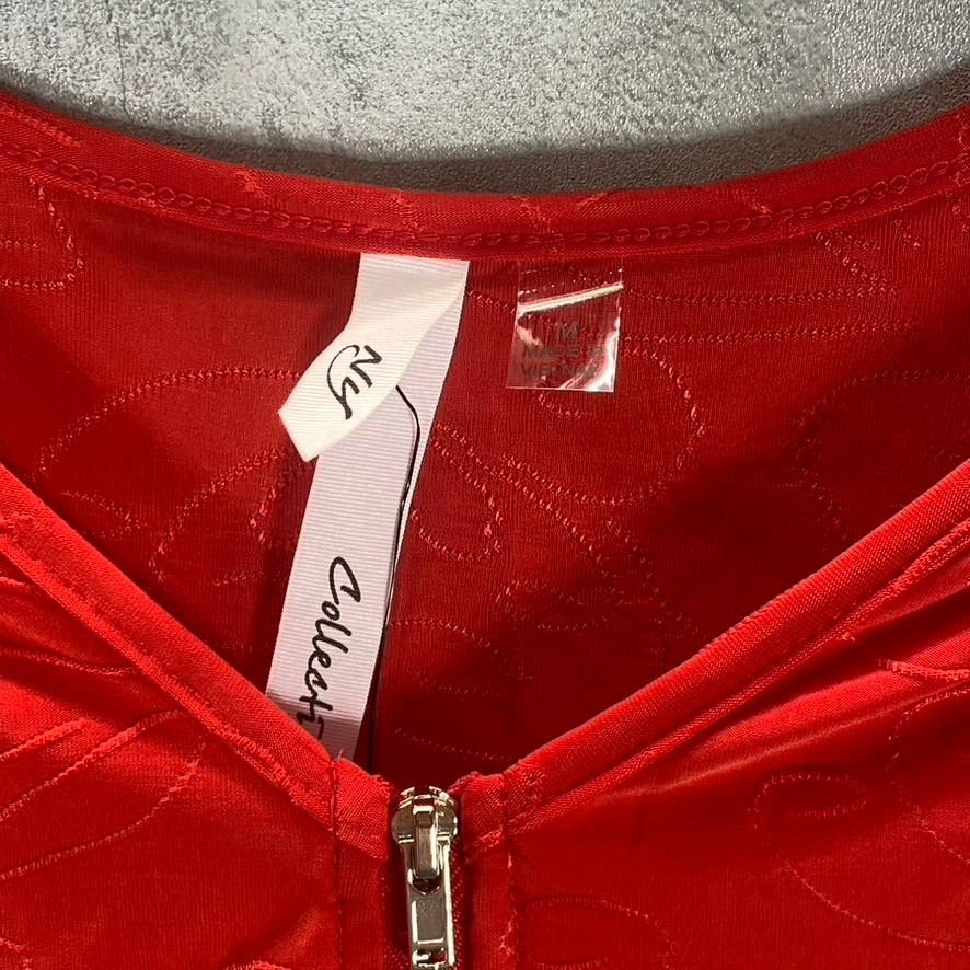 NY COLLECTION Women's Red 3/4 Roll Tab Zip-Front Jacquard Knit Top SZ M