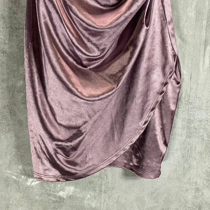 EMERALD SUNDAE Juniors' Purple Satin Ruched Asymmetrical Bodycon Mini Dress SZ S