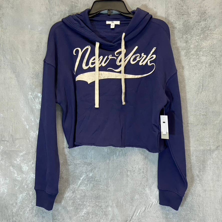 BP. Women's Navy New York Cutoff Graphic Long Sleeve Pullover Hoodie SZ S