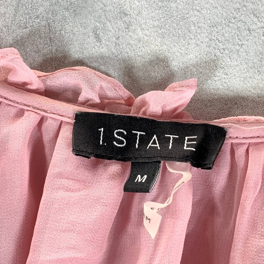 1.STATE Women's Rose Pink Ruffled Tie V-Neck Cold-Shoulder Top SZ M