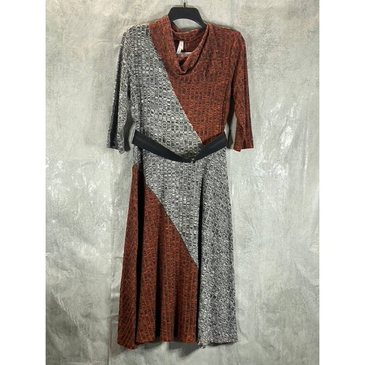 NY COLLECTION Women's Rust/Grey 3/4 Sleeve Belted Colorblocked Cowl-Mask Dress