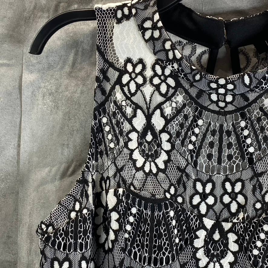 KENSIE Women's Black-White Sleeveless Halter Illusion Lace Embroidered Dress
