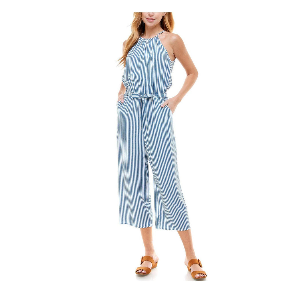 KINGSTON GREY Juniors' Chambray Sleeveless Pocketed Halter Cropped Jumpsuit SZ L