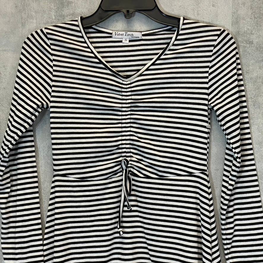 VELVET TORCH Women's Black-White Striped V-Neck 3/4 Sleeve Ruched Mini Dress