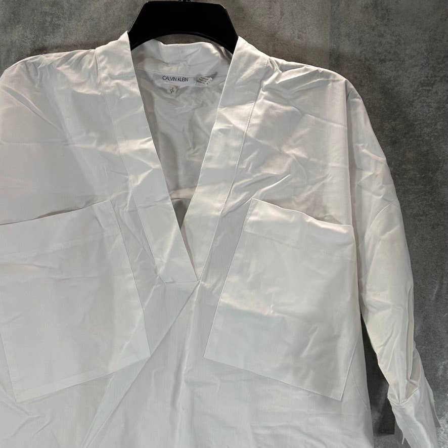 CALVIN KLEIN Women's Soft White V-Neck Tie Elbow Sleeve Top SZ S