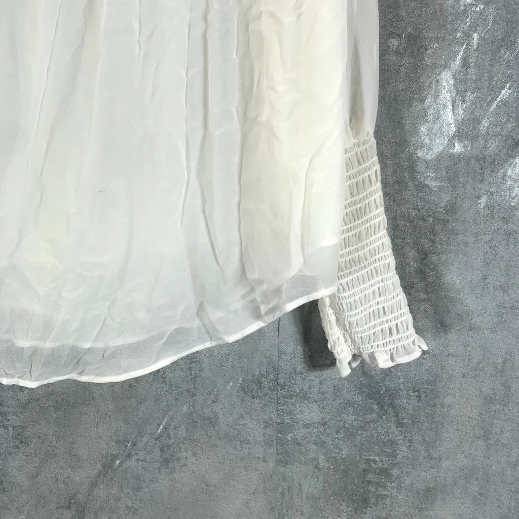 1.STATE Women's Soft Ecru Sheer Smocked Tie V-Neck Long-Sleeve Top SZ S