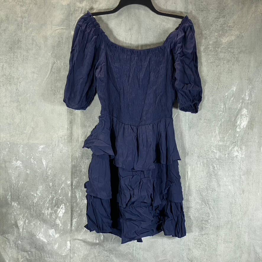 AQUA Women's Navy Smocked Tiered Puff-Sleeve Mini Dress SZ S