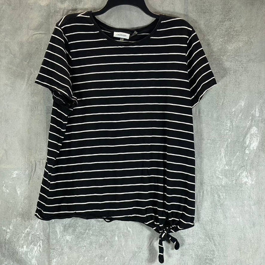 CALVIN KLEIN Women's Black Striped Crewneck Tie-Waist Short-Sleeve Top SZ XL