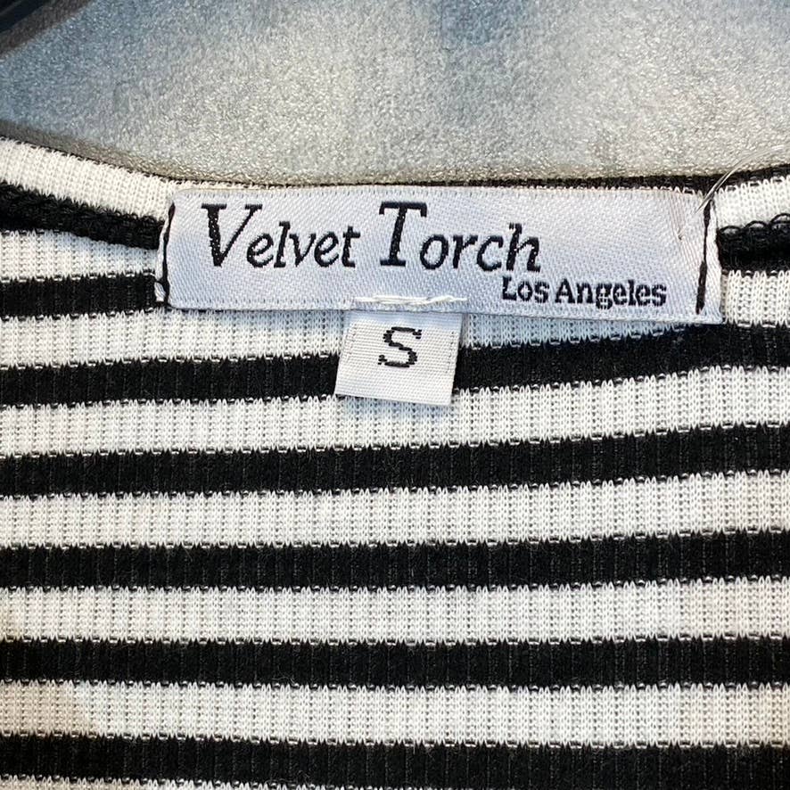 VELVET TORCH Women's Black-White Striped V-Neck 3/4 Sleeve Ruched Mini Dress